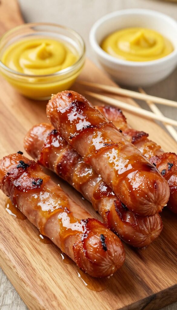 Crispy maple glazed bacon-wrapped sausages on a wooden platter with toothpicks and mustard dip.