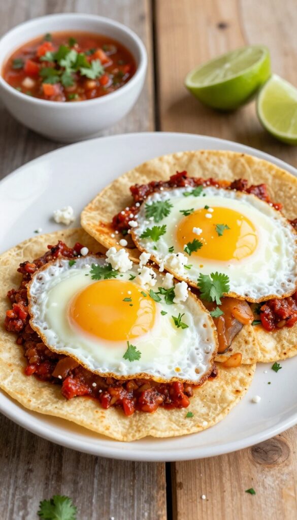 Huevos rancheros with smoky chipotle sauce on crispy tortillas, topped with eggs, cilantro, and cheese, with salsa and lime on the side.