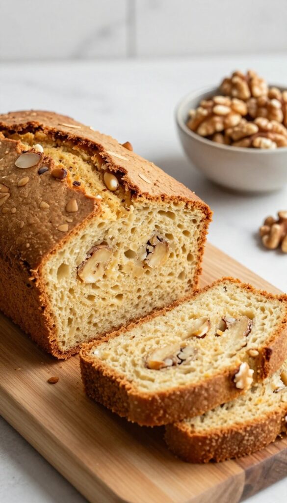 Freshly baked almond flour banana bread loaf on a wooden cutting board with a slice cut open, walnuts and cinnamon stick nearby