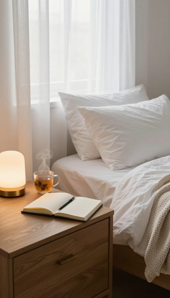 A cozy bedroom scene with a notebook and tea on a bedside table, soft evening light, inviting calm and rest.