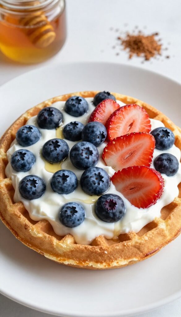 Frozen waffle topped with Greek yogurt and fresh berries, drizzled with honey, on a white plate in natural light.