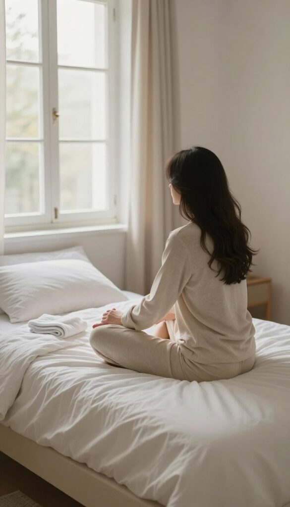 Person doing a seated forward fold stretch on the edge of a bed in a cozy bedroom at dusk