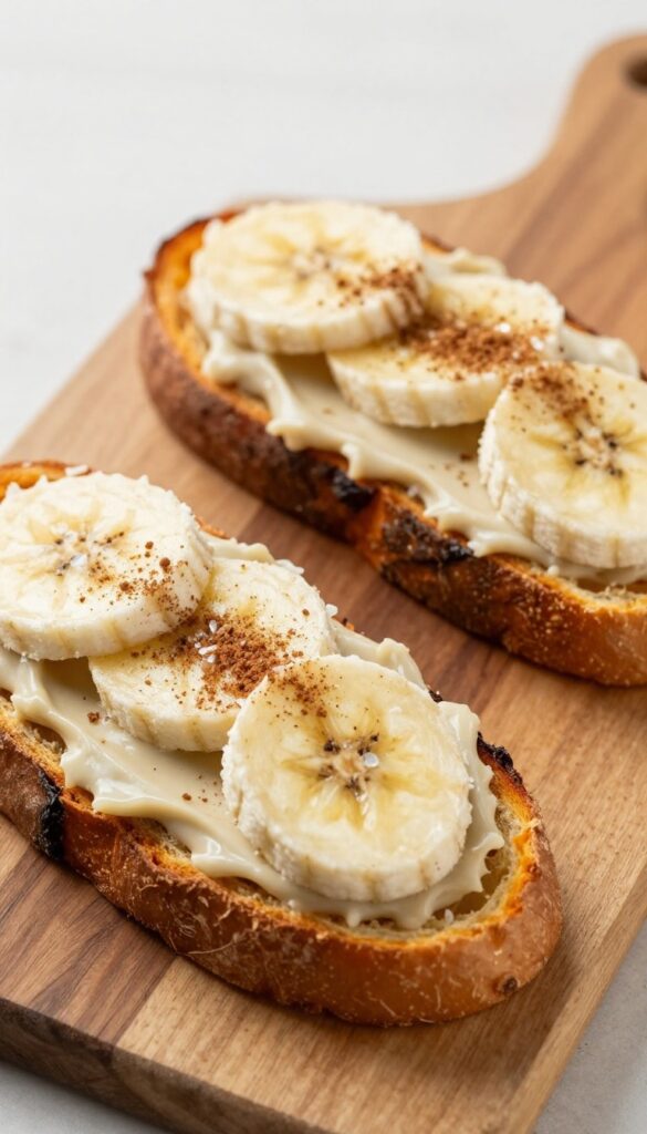 Sweet potato toast with almond butter and banana slices on a wooden board