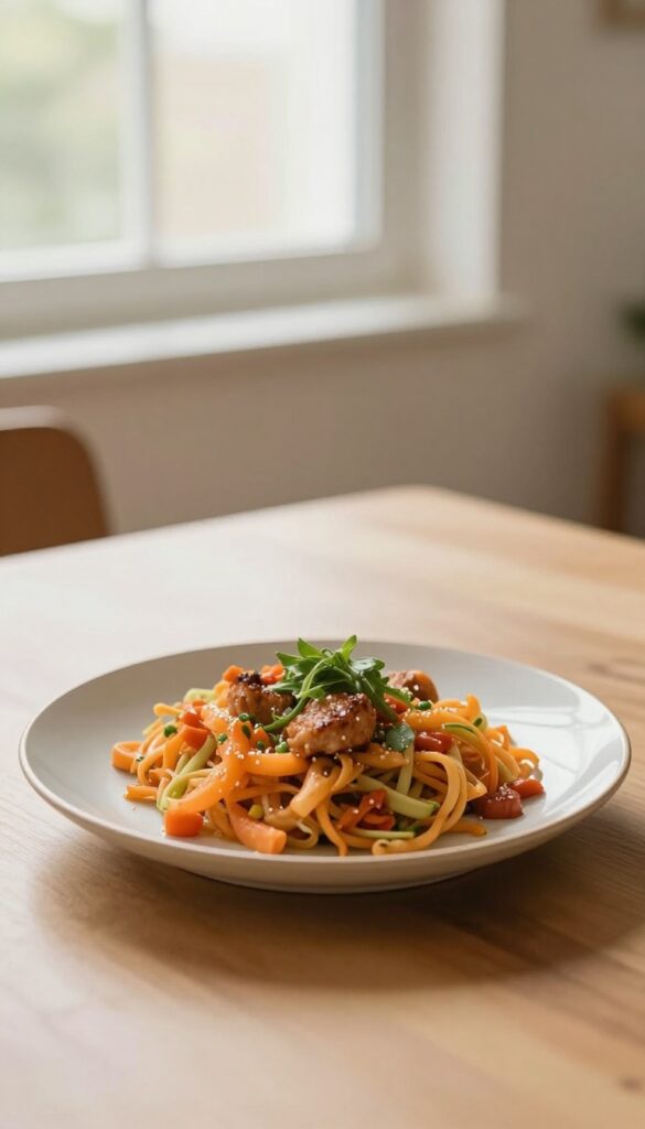 A peaceful dining scene with a plate of food, no screens, natural light, minimalist decor.