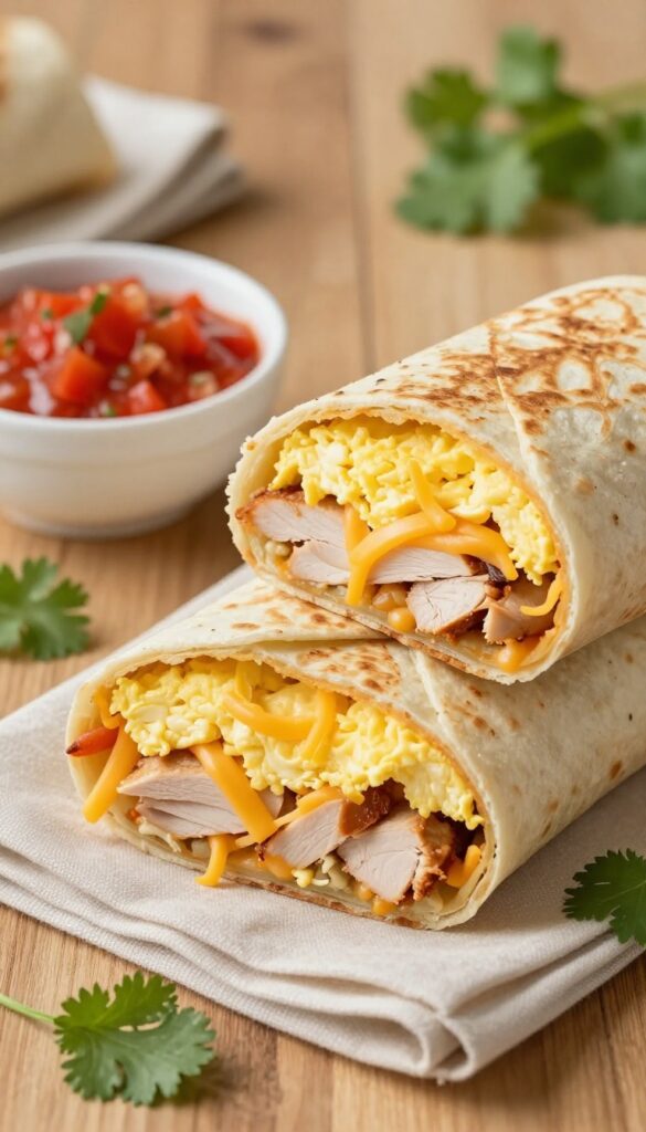Turkey and cheese breakfast burrito cut in half with salsa on the side