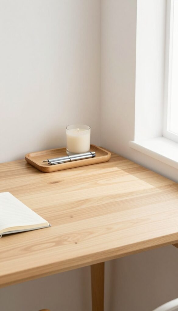 A clean, minimalist desk corner with a small tray and a few neatly arranged items, bathed in soft sunlight.