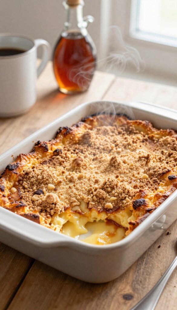 Baked French toast casserole with streusel topping, served with coffee and maple syrup.