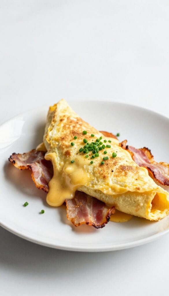 Fluffy omelette with cheddar and bacon, garnished with chives, on a white plate.