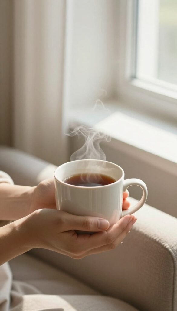 Person holding a warm mug of tea in a cozy, sunlit corner, representing a peaceful morning self-care ritual.