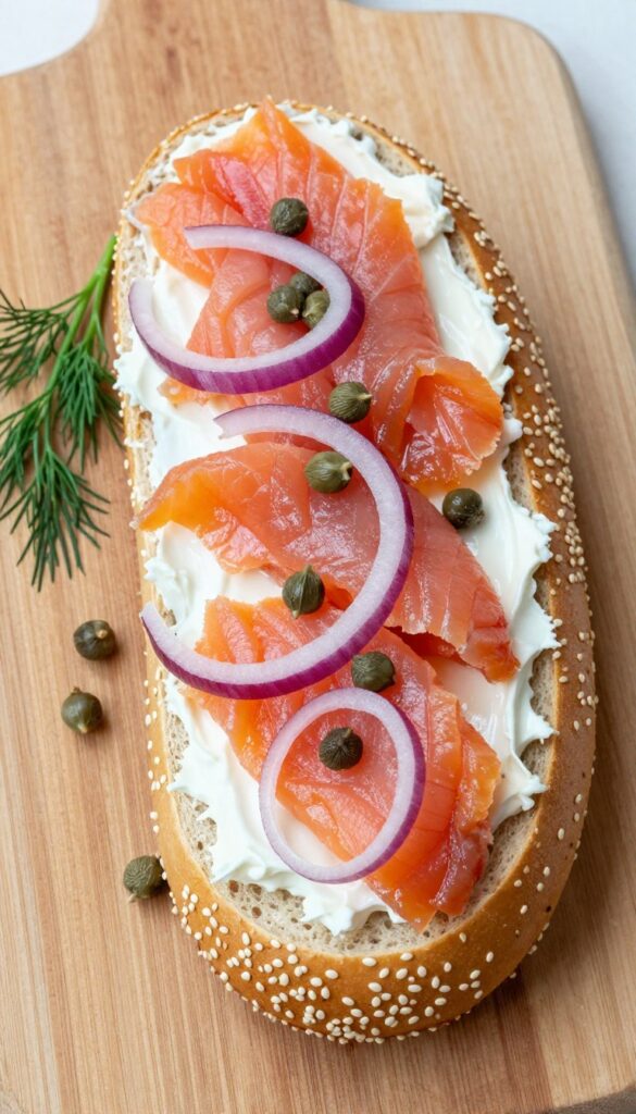Smoked salmon and cream cheese bagel thin on a wooden board