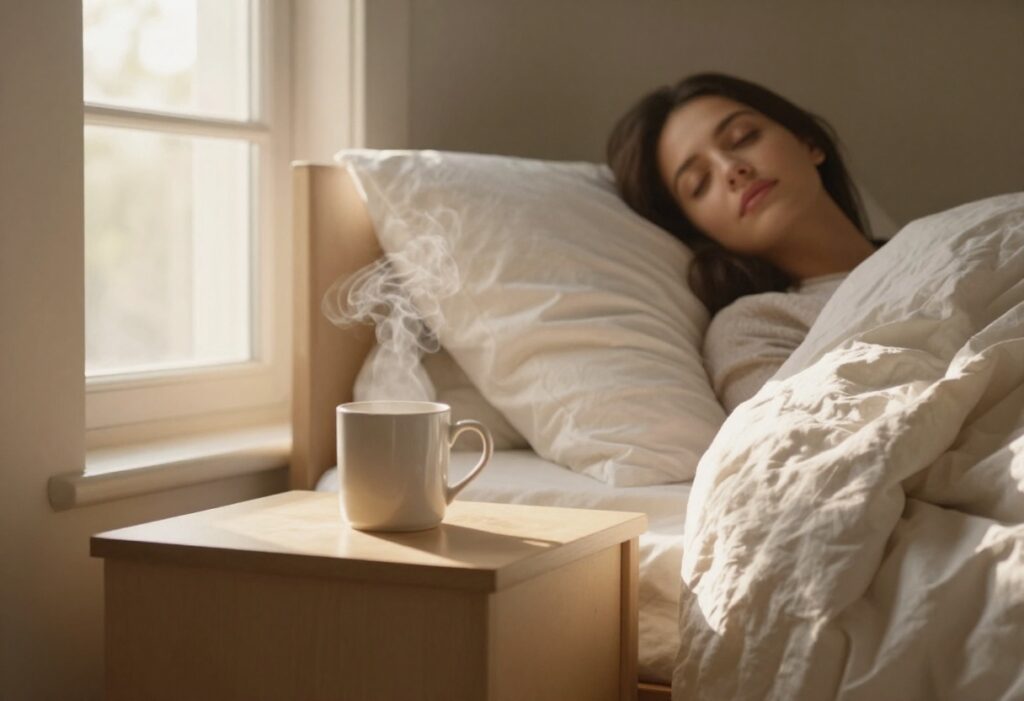 Cozy bedroom with soft lighting, a mug, and a relaxed person sitting on the bed.