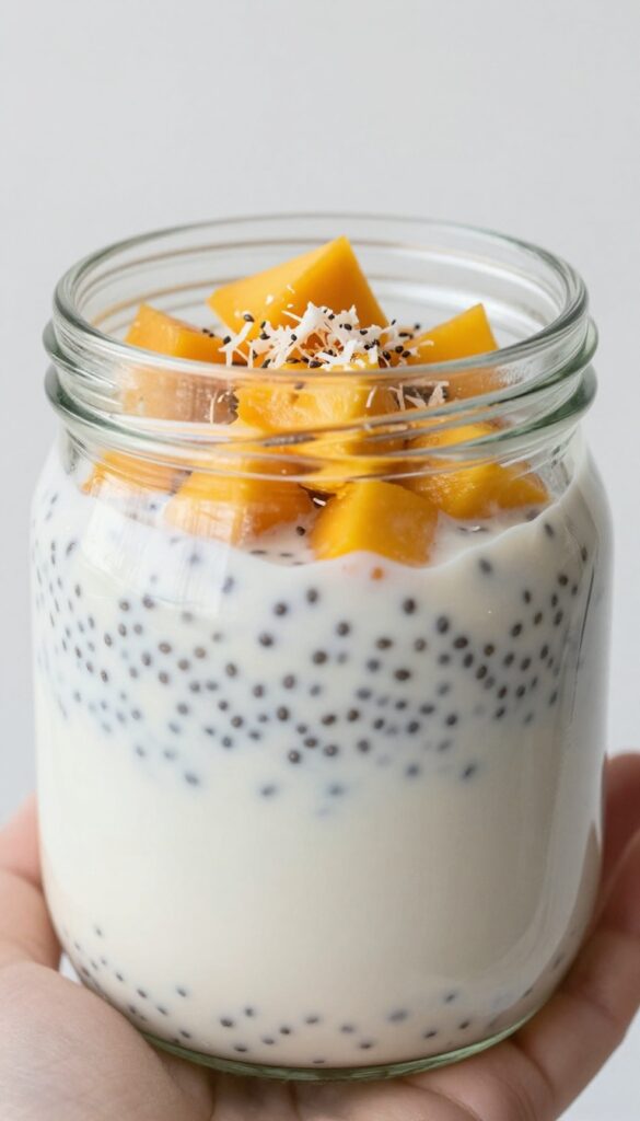 Chia pudding with coconut milk and mango in a glass jar, grab-and-go breakfast