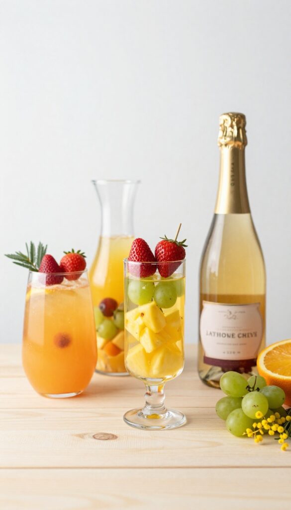 Mimosa bar with fresh fruit skewers and juice carafes on a sunny table