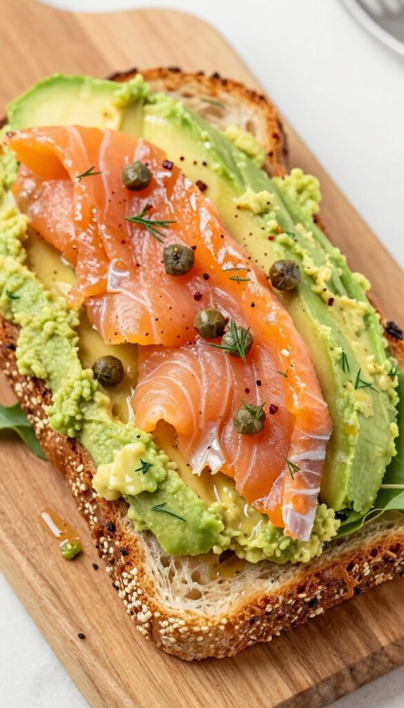 Avocado toast with smoked salmon and capers on a wooden board with mixed greens.