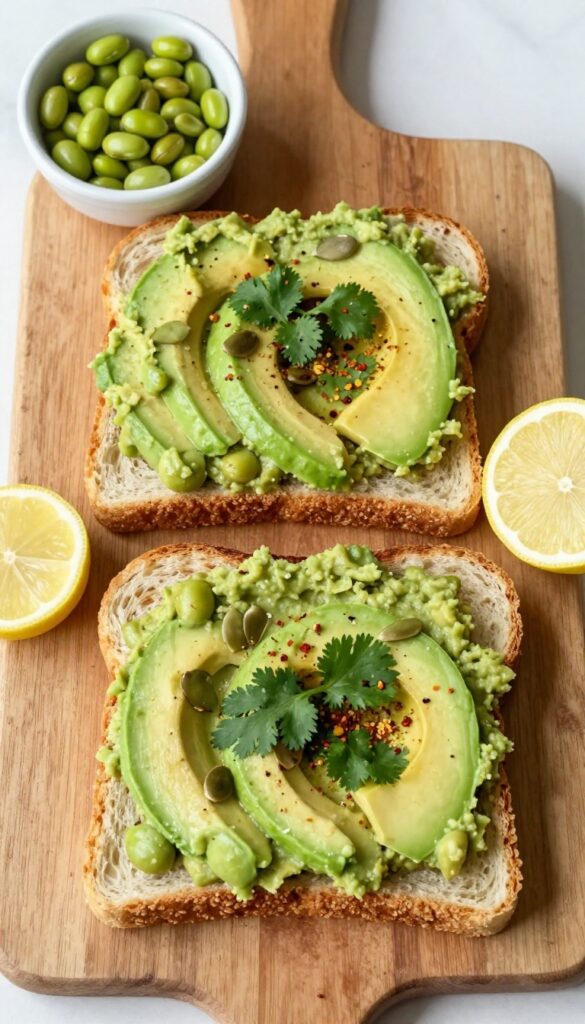 Loaded avocado toast with smashed edamame, garnished with cilantro and red pepper flakes on a wooden board.