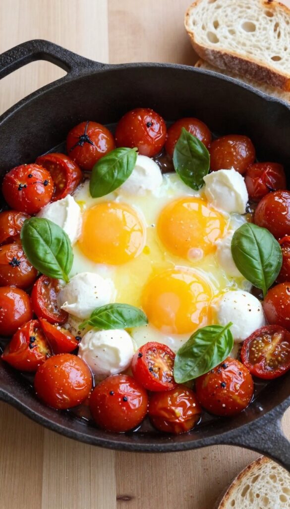 Caprese breakfast skillet with eggs, cherry tomatoes, mozzarella, and basil in a cast iron pan, served with crusty bread.