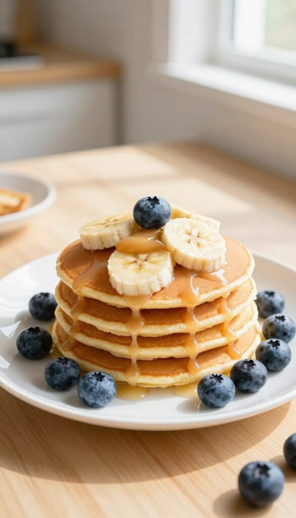 Stack of banana oat pancakes with banana slices and almond butter on a plate