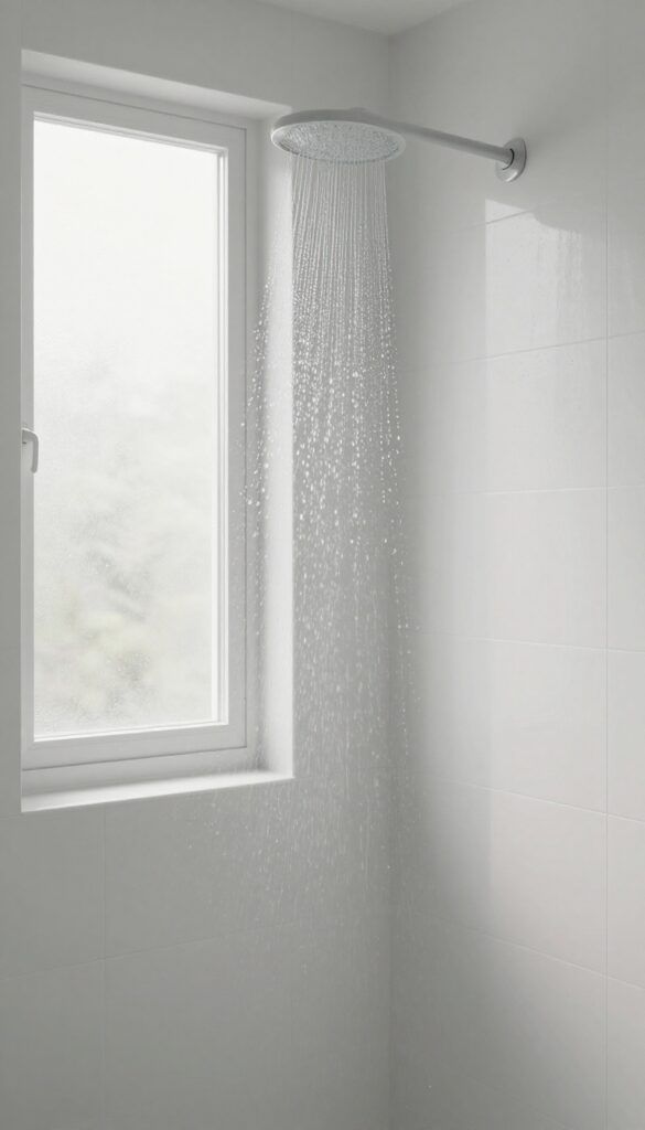 A person enjoying a warm shower, focusing on the sensation of water on skin, in a bright, serene bathroom.
