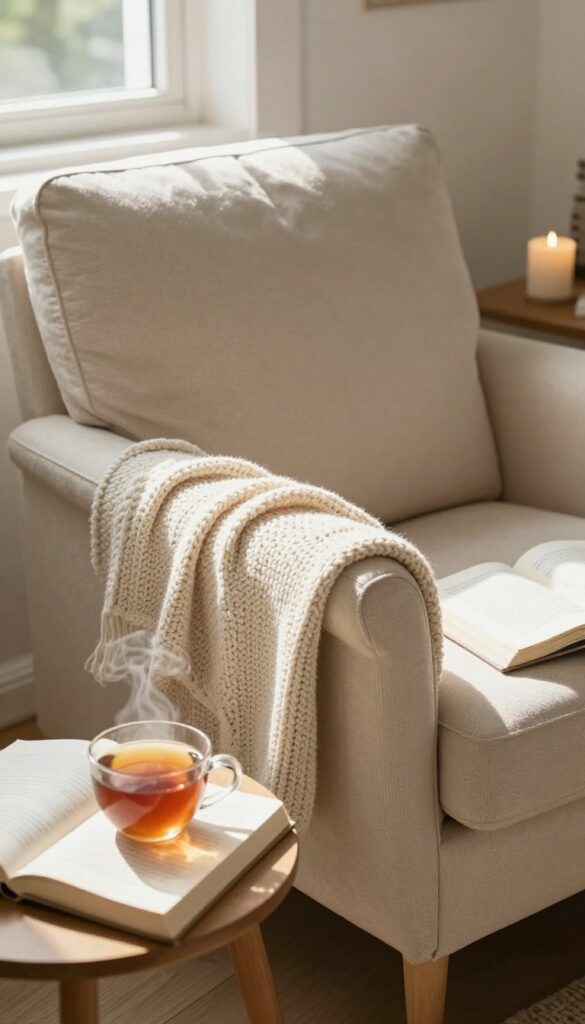 Cozy reading nook with armchair, tea, book, and candle in soft natural light