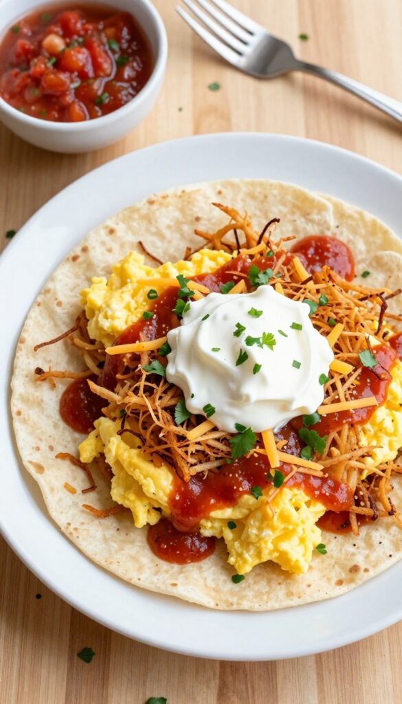 Hash brown breakfast tacos with crispy hash browns, scrambled eggs, salsa, and sour cream on a plate.
