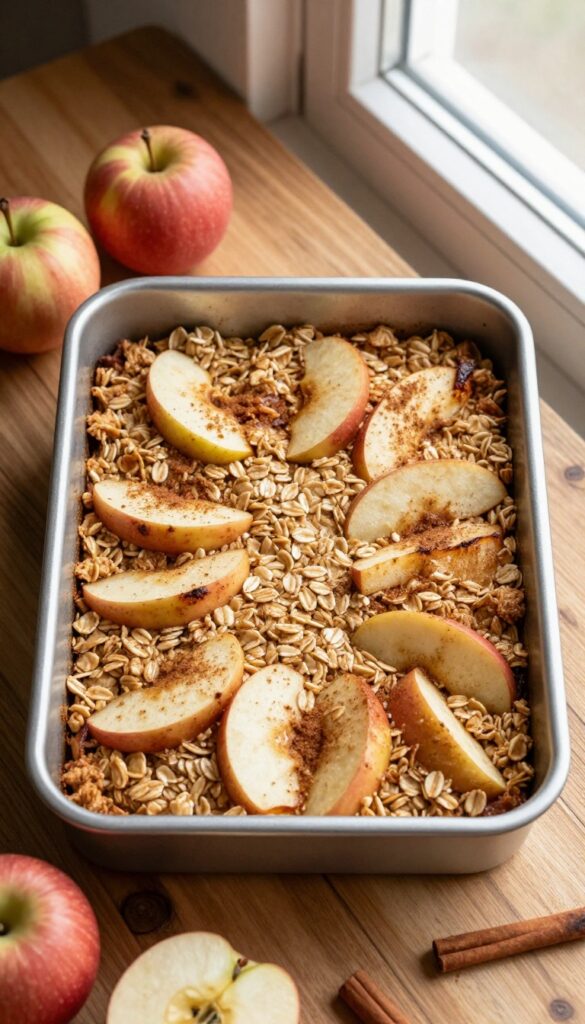 Apple Cinnamon Overnight Oatmeal Casserole in a baking dish with apples and cinnamon on a wooden table