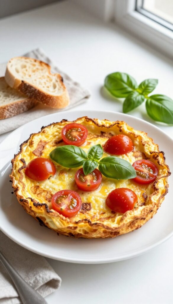 Tomato and basil omelet on a plate with toast, bright natural light