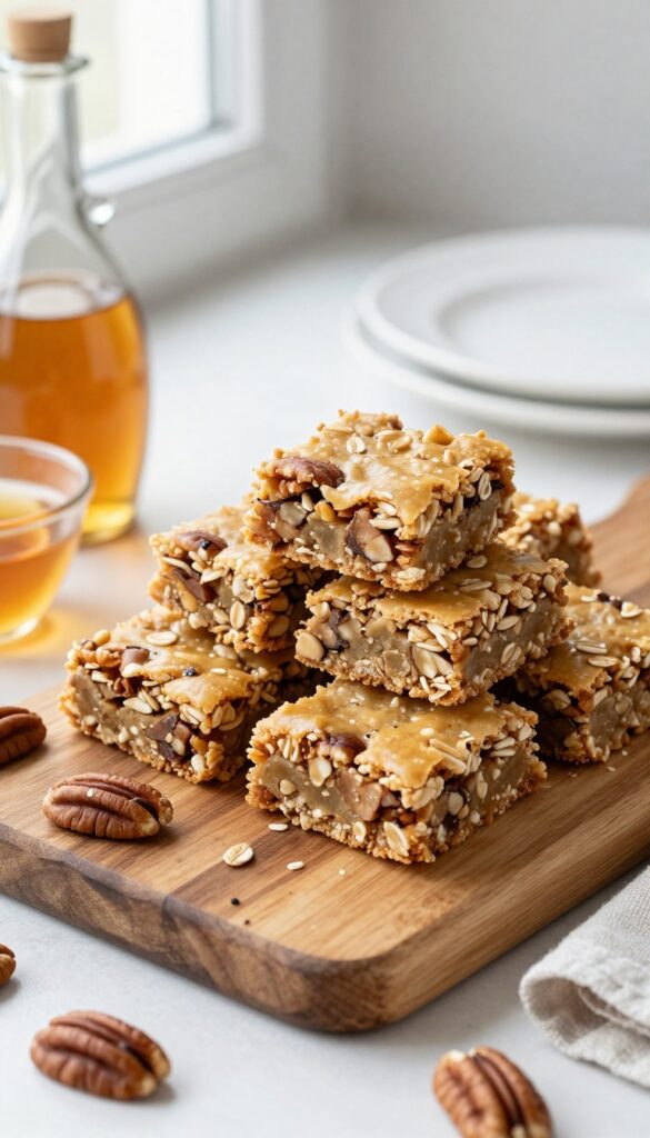 Stack of maple pecan oatmeal bars on a wooden board with maple syrup and pecans