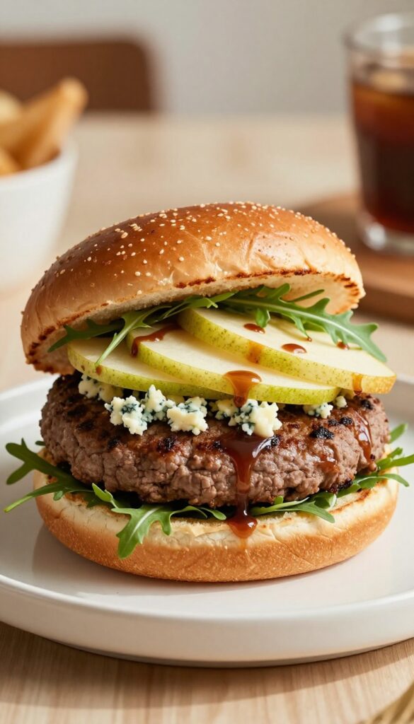Blue cheese and pear breakfast burger on pretzel bun with arugula and balsamic glaze