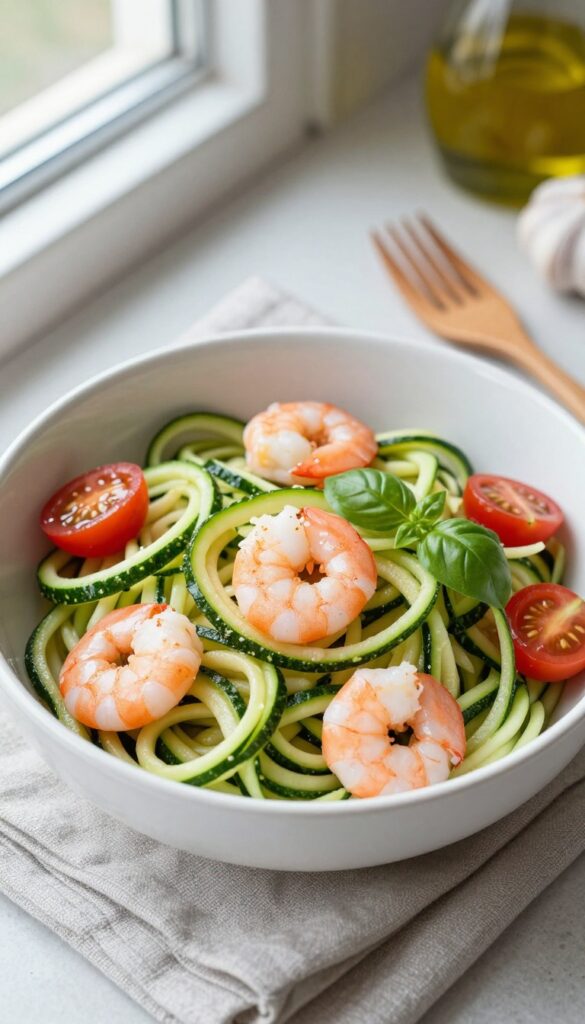 Bowl of shrimp and zucchini noodles with cherry tomatoes and basil on a wooden table