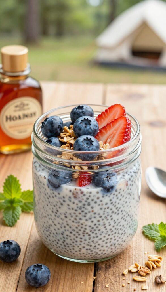 Mason jar of chia seed pudding with fresh berries and granola on a wooden table, camping background