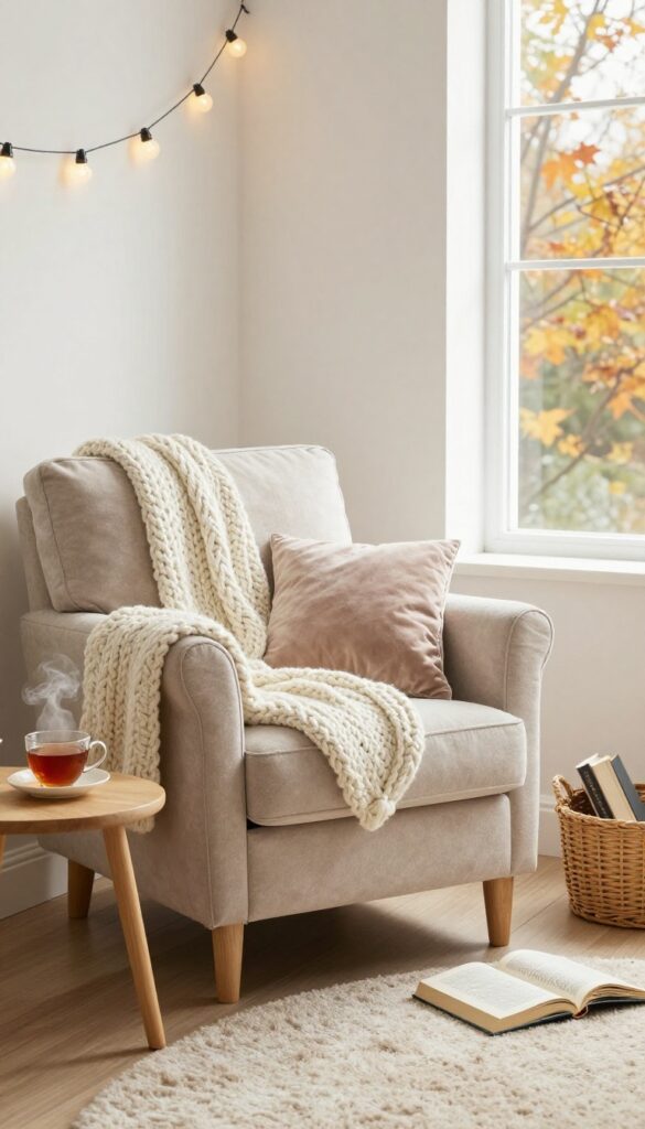 Cozy reading nook with blankets and pillows in autumn