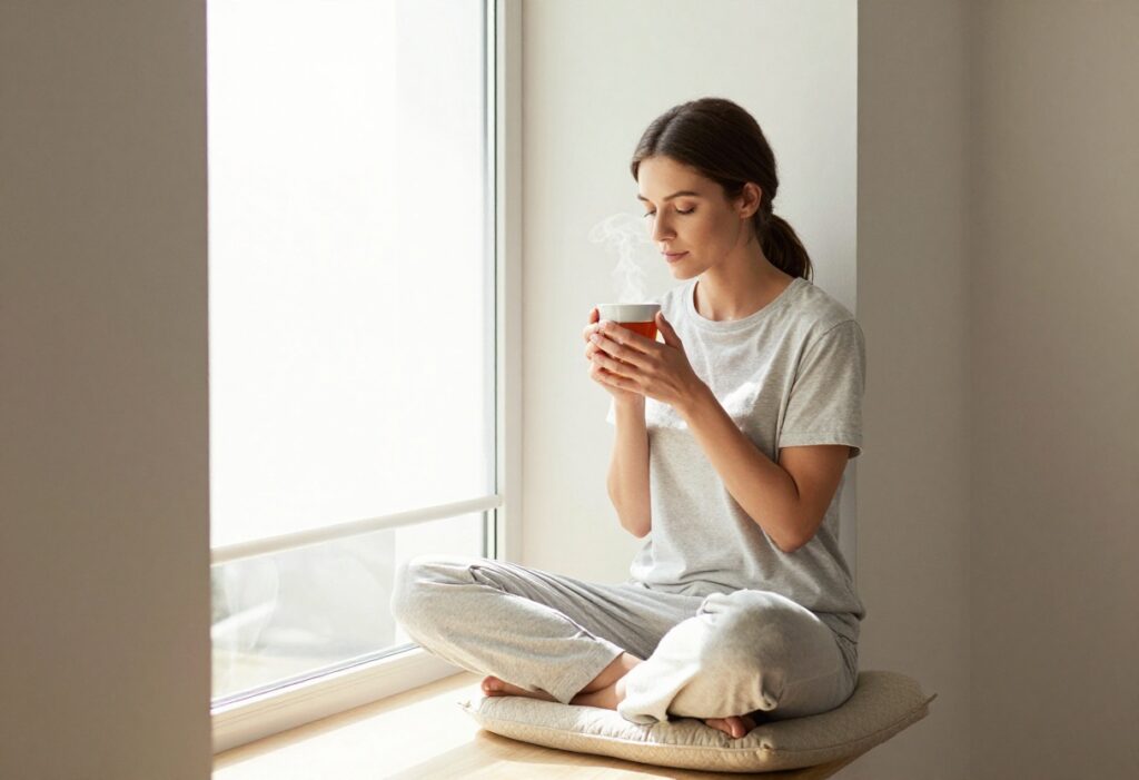 Woman practicing self-care with tea by a sunny window