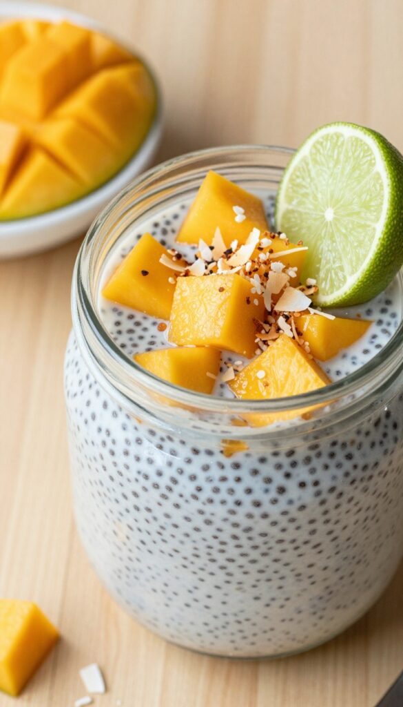 Chia seed pudding with mango and coconut in a glass jar on a wooden table