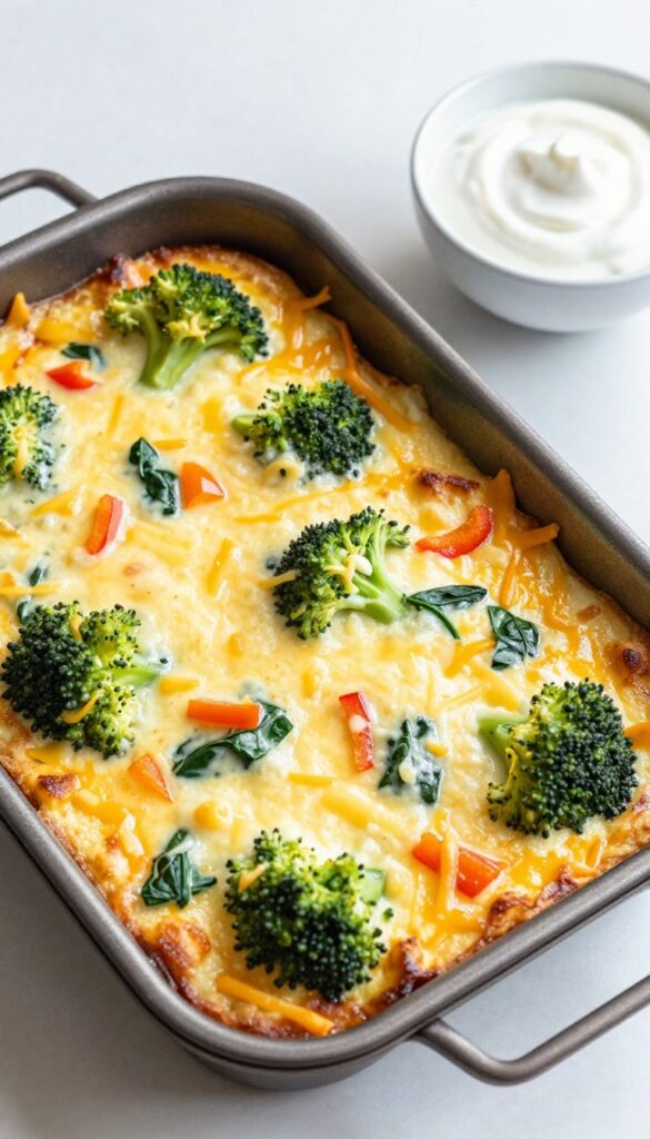 Cheesy veggie egg muffins in a muffin tin with dips on a kitchen counter.