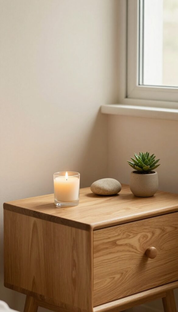 Decluttered nightstand with candle, stone, and small plant in cozy bedroom corner