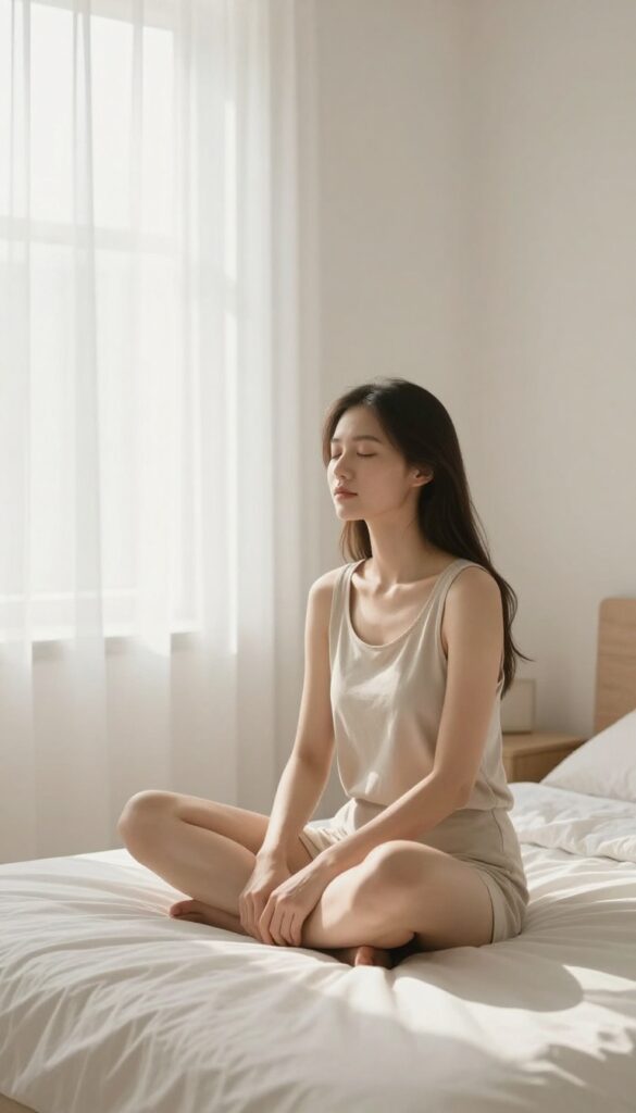 Woman meditating in silence on bed at sunrise