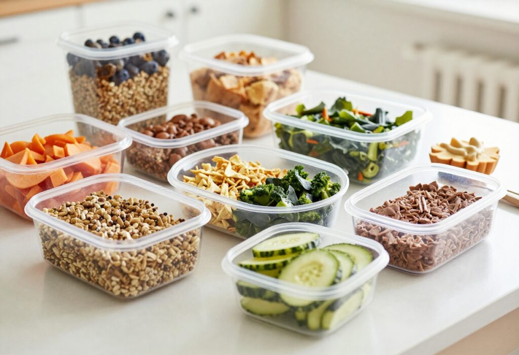 Healthy 1200 calorie meals: yogurt with berries, chicken salad, and salmon with asparagus.