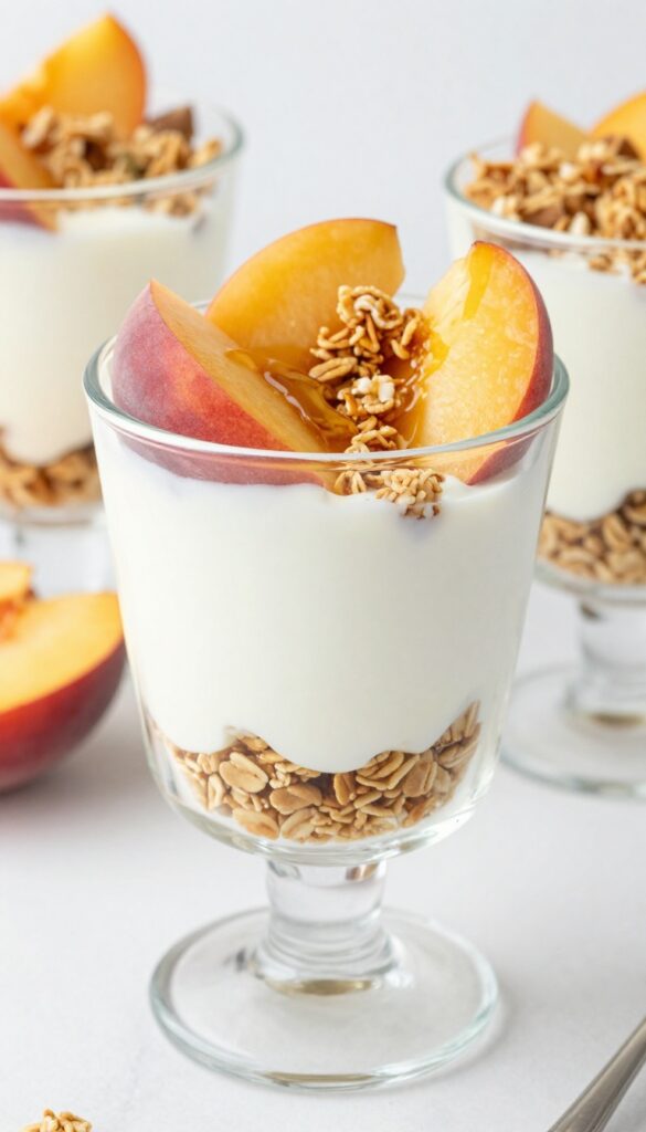 Peach and yogurt parfait layered in a glass with granola and honey drizzle