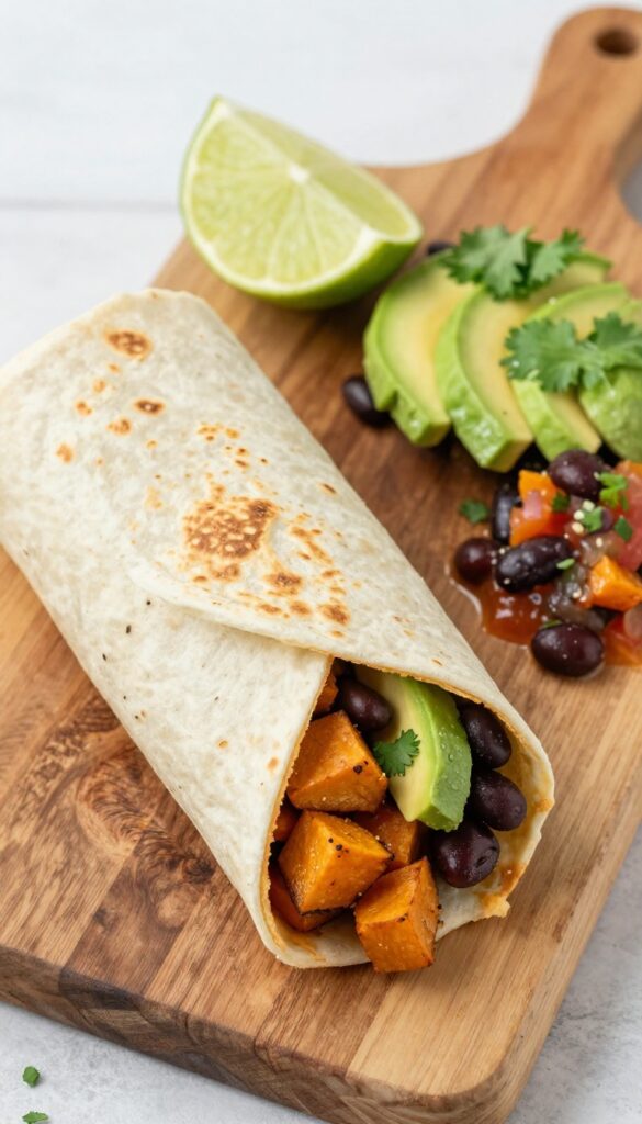 Breakfast burrito filled with sweet potato, black beans, and avocado on a wooden board