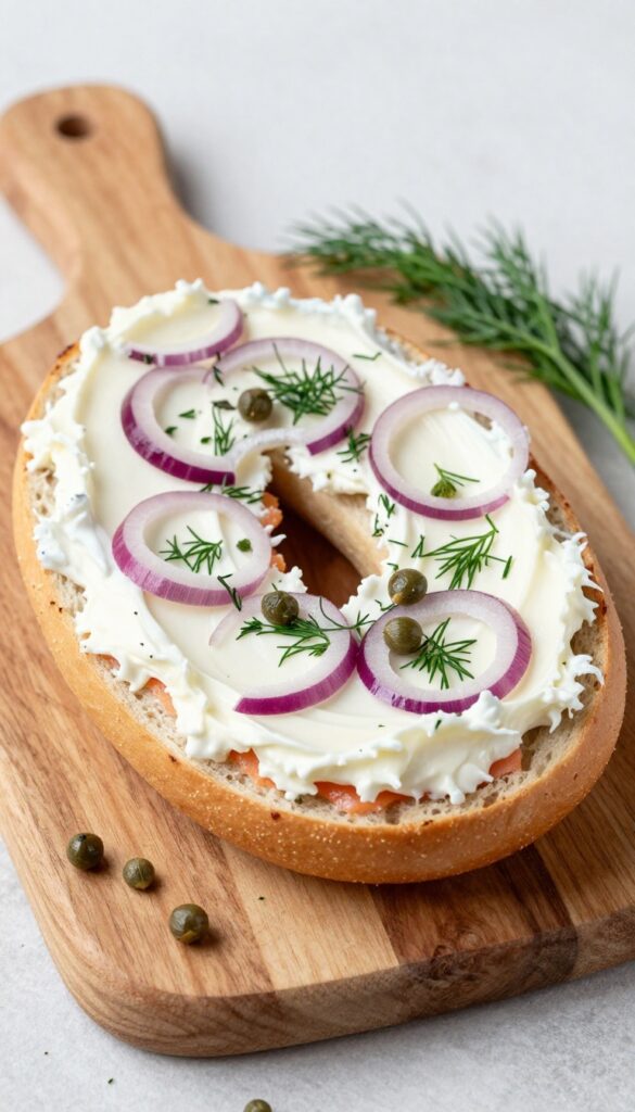 Smoked salmon and cream cheese bagel on a wooden board
