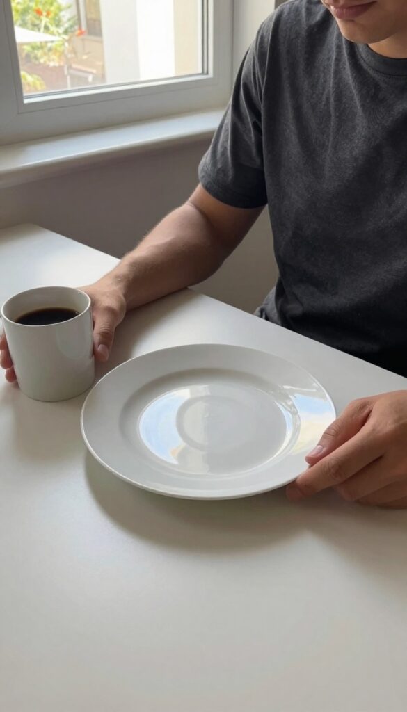 Person skipping breakfast at a sunlit kitchen table, relaxed and listening to hunger cues.