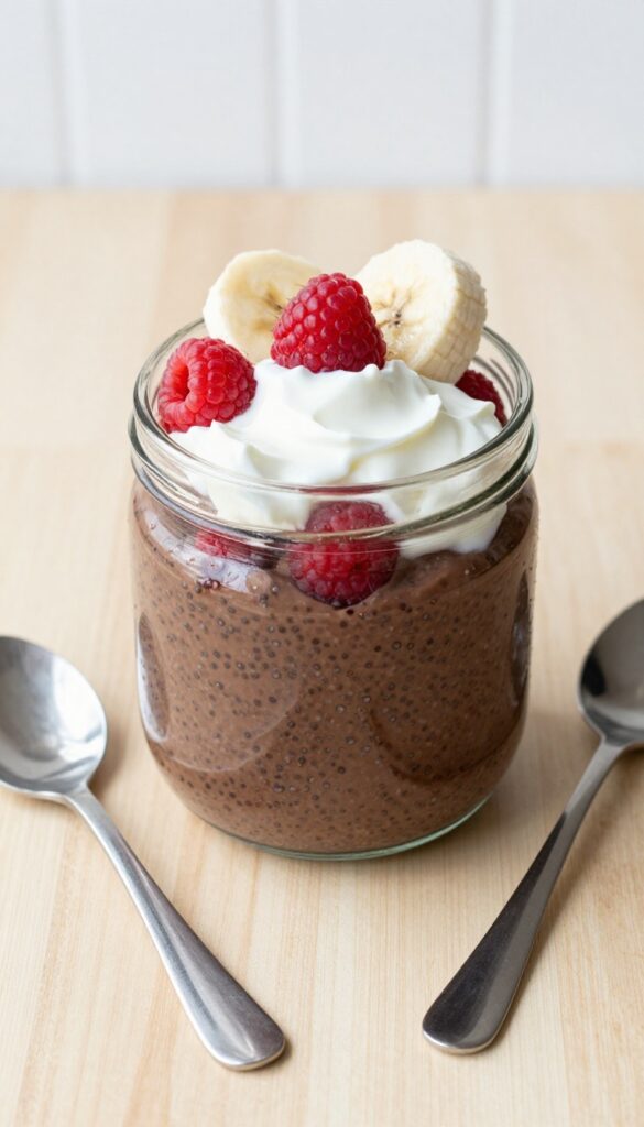 Overnight chocolate chia pudding in a glass jar with berries and yogurt topping