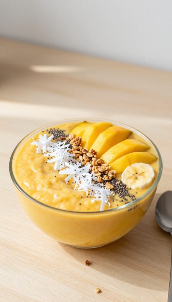 Tropical smoothie bowl with banana, mango, pineapple, coconut, chia seeds, and granola, top-down view on wooden table.