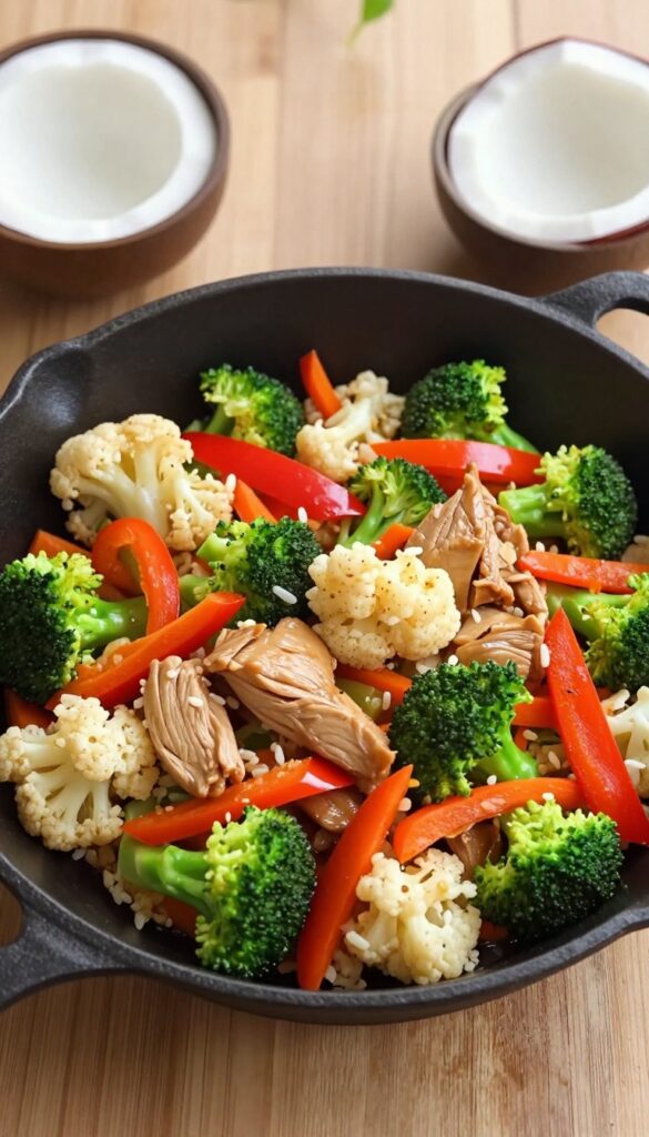 Cauliflower rice stir-fry with chicken and vegetables in a skillet, with coconut aminos on the side.