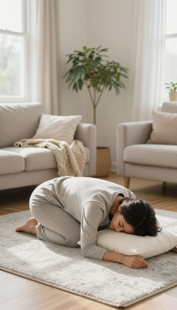 Woman doing Child's Pose in a bright, cozy living room