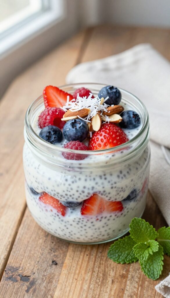 Berry chia pudding in a glass jar with fresh berries and coconut topping on a wooden table.