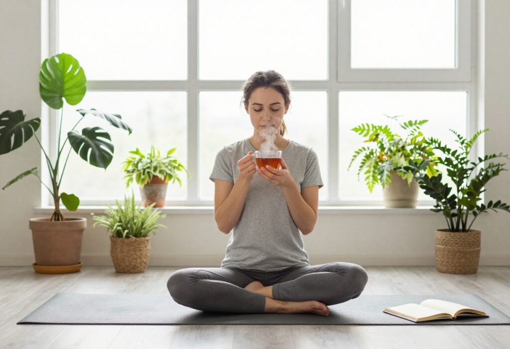Person practicing self-care with tea and journal in a peaceful morning setting