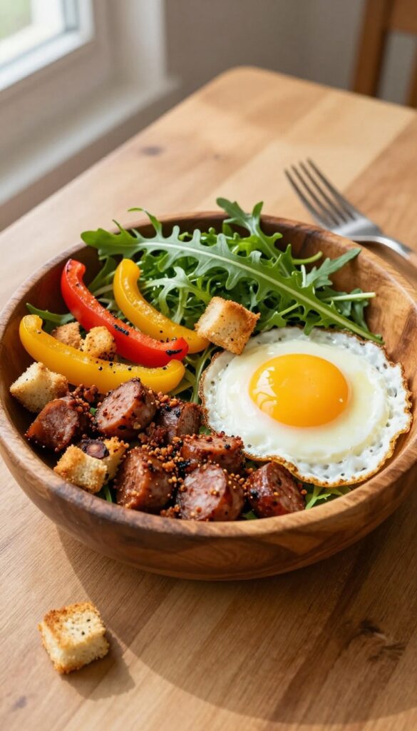 Hearty sausage and roasted pepper breakfast salad with a fried egg on top in a wooden bowl