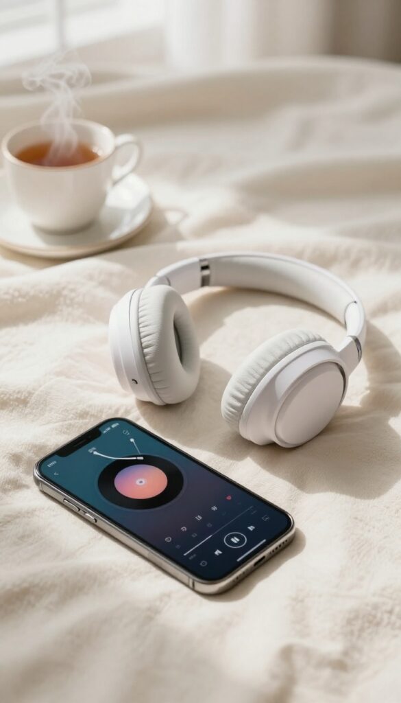 A person wearing headphones while sitting in a cozy chair, eyes closed, listening to music with full attention.