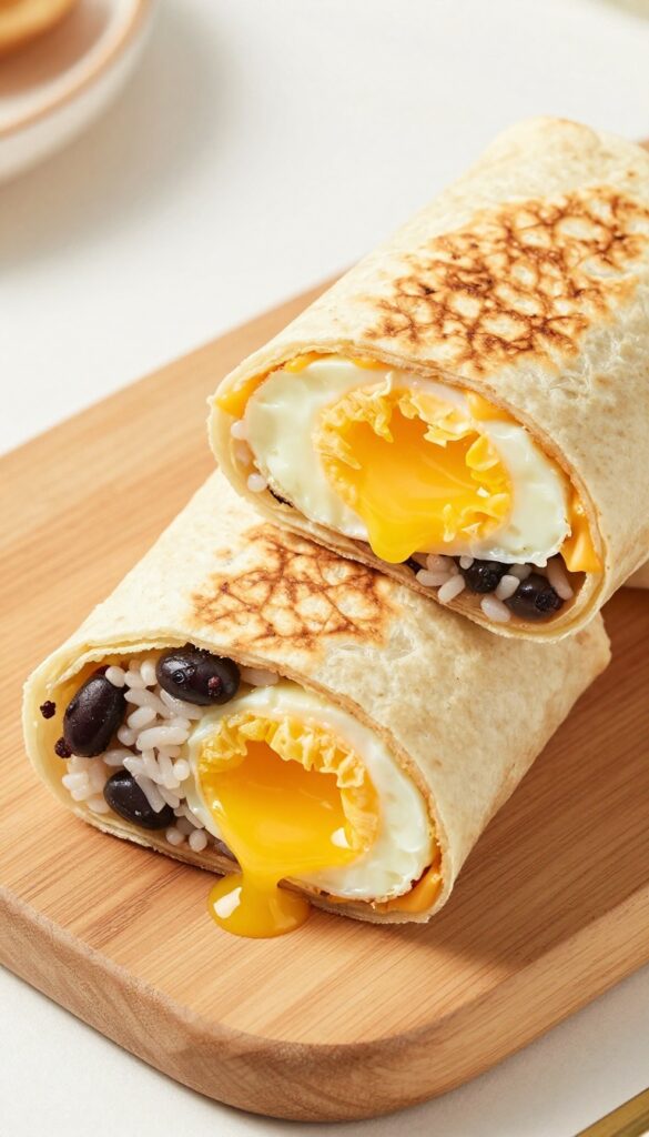 Halved breakfast burrito with black beans, rice, cheese, and fried egg on a wooden board